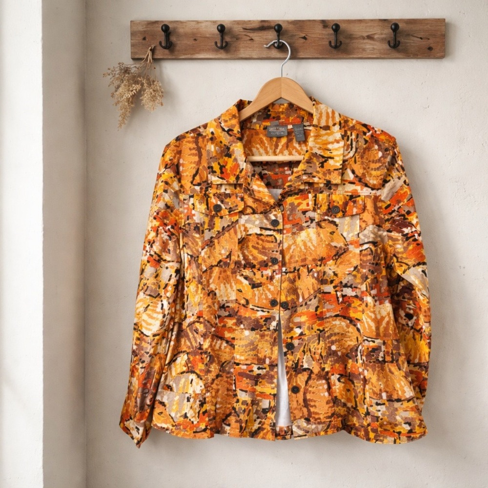 Additions by Chico's 3 Orange Abstract Zebra Print Button Front Jacket L/XL‎